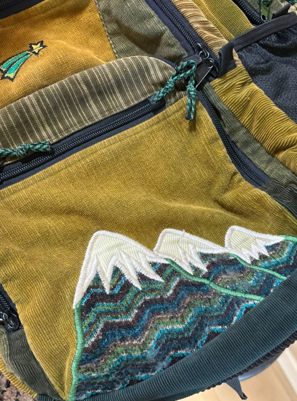 Patchwork Corduroy Backpack Embroidered Mountains Back Pack Embroidery Patch - Picture 4 of 6